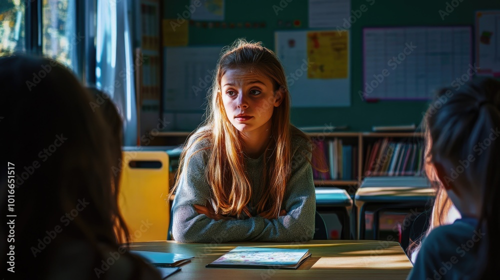 Aufkleber a student sitting at a table in a traditional classroom setting, ideal for educational and teaching 