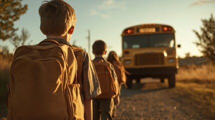 Young students wearing backpacks form a line to board a school bus in the gentle morning light, representing discipline, routine, and the start of a new school day.