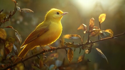 Obraz premium A yellow bird perched on a branch, with detailed feathers catching the light in a natural setting