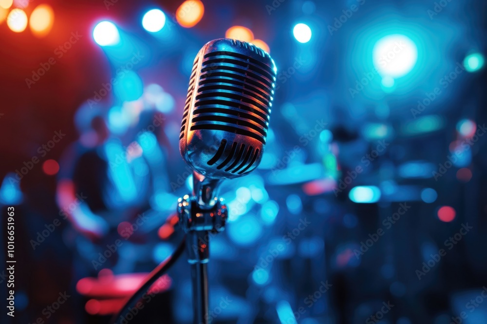 Poster a microphone sits on its stand on the stage, ready for use by a band.