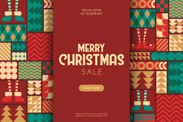 Merry Christmas sale vector illustration with cute elves legs in shoes and abstract geometric shapes background. Modern design pattern template for poster print banner card flyer advertising