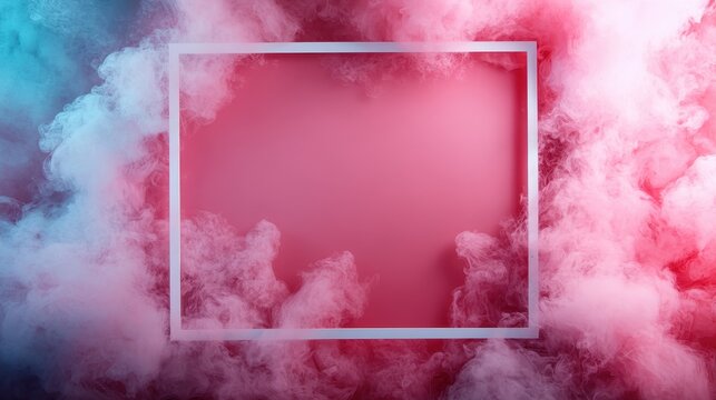 A rectangular frame emphasizes the vivid combination of pink and blue smoke clouds surrounding it, creating a dynamic and modern artistic effect.