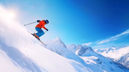 Skier in Vibrant Winter Gear Soars Through the Air Over Majestic Mountains