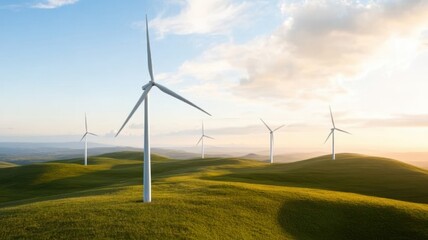 Scenic view of wind turbines on rolling green hills under a vibrant sky, symbolizing renewable energy and environmental sustainability.