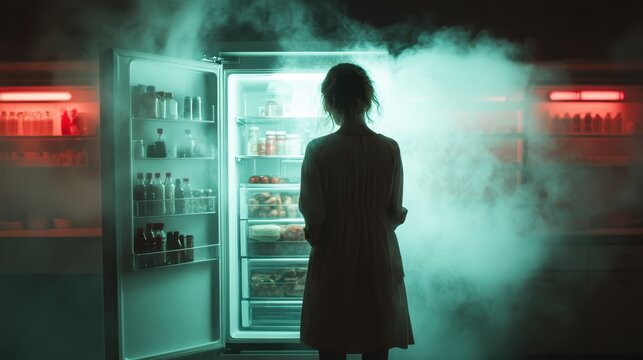 A mystical atmosphere is created as a woman experiences smoke emanating from an eerie, colorfully lit refrigerator in a dark room, indicating a surreal encounter.
