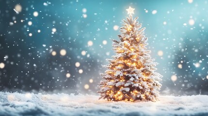 Illuminated Christmas Tree in a Snowy Landscape