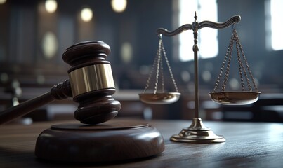A wooden gavel and scales of justice on a courtroom table.