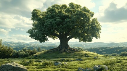 Obraz premium A stunning oak tree isolated in a vast landscape, its broad branches and thick trunk highlighted against a serene background