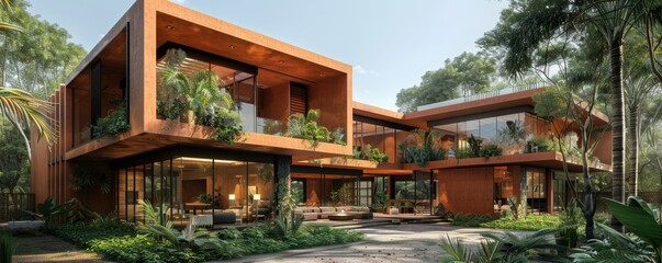 Fototapeta premium Modern Luxury Home with Lush Greenery and Contemporary Architecture in a Serene Environment