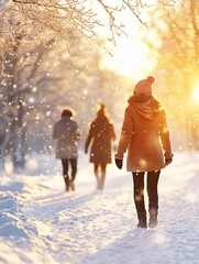 Warm Winter Stroll Through Snowy Forest with Friends Amidst Golden Sunlight