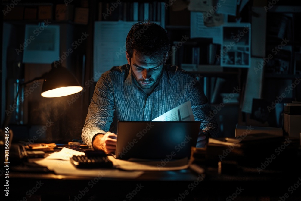 Aufkleber Man sitting at a desk using a laptop computer for work or personal use.