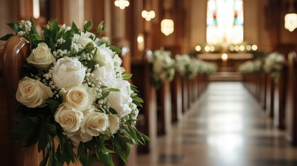 Beautiful white roses and delicate greenery adorn a church aisle, creating an idyllic setting for a wedding ceremony filled with romance and grace.