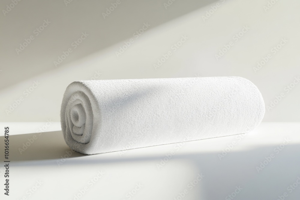 Poster a collection of white towels sits on top of a table, ready for use.