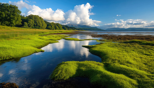 Serene landscape with lush green grass and reflective water under a clear blue sky.