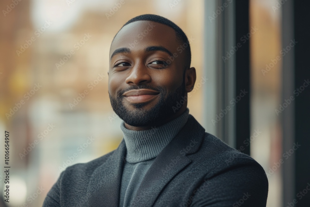 Poster a close-up of a man wearing a turtle neck sweater and having a beard, possibly in an office or study
