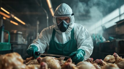 A masked worker in a poultry processing plant uses specialized equipment to handle chickens, emphasizing safety and hygiene in an industrial environment.