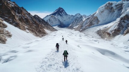 Hikers are seen ascending a remote, snow-laden mountain path under a crisp, clear sky, embodying adventure, exploration, and the determination to overcome challenges.