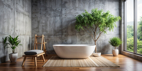 Fototapeta premium Bathroom with Bathtub, metal faucets and glasses, wooden and metal floor