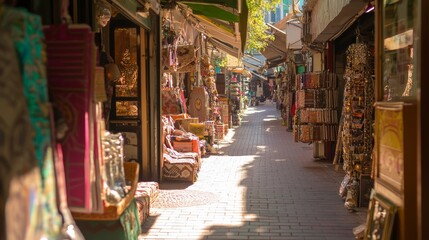 Obraz premium Urban Exploration: Vibrant Street Filled with Vintage Shops - Candid Ultra-Realistic Shot of Shoppers Discovering Unique Treasures