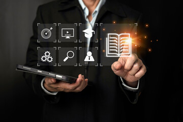 E-document management Paperless workplace, Businessman touching on document for online approve paperless quality assurance and ERP management..online documentation database, paperless office concept.