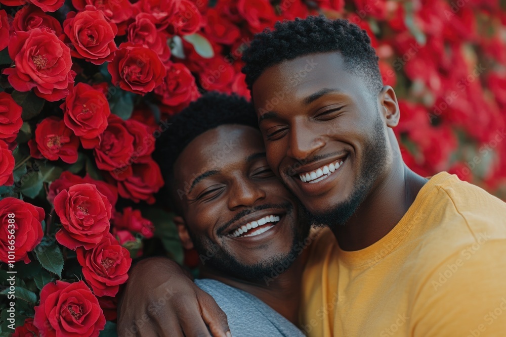 Wall mural Men embracing surrounded by red rose wall, suitable for romantic or loving moments.