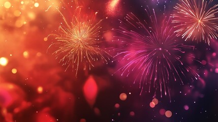 Fototapeta premium Colorful New Year Fireworks in Night Sky with City Silhouette in Background