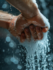 Refreshing Shower Moment - Person Squeezing Shampoo with Water Droplets in Bathroom