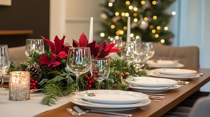 Festive Christmas Table Setting with Red Poinsettia and Pine Garland