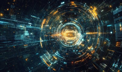 Obraz premium Abstract digital tunnel with glowing lines and data streams.