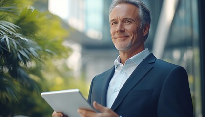 Fototapeta premium Happy Elegant Middle-Aged Professional Man Holding Tablet Outdoors