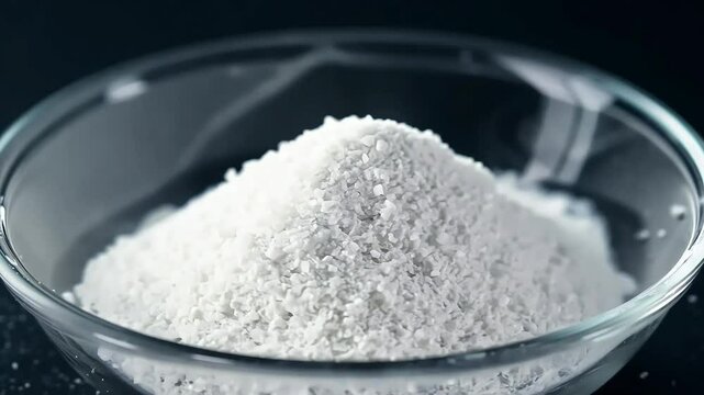 glucono deltalactone GDL inpetri dish againstdark background food additive role acidity regulator baking other culinary uses white powder enzyme petri black delta pure