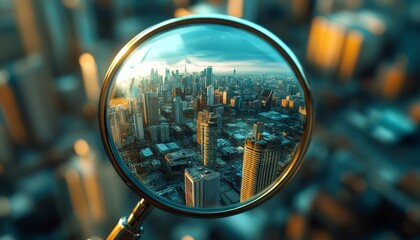 Magnifying Glass Over the City Skyline with Skyscrapers in Focus