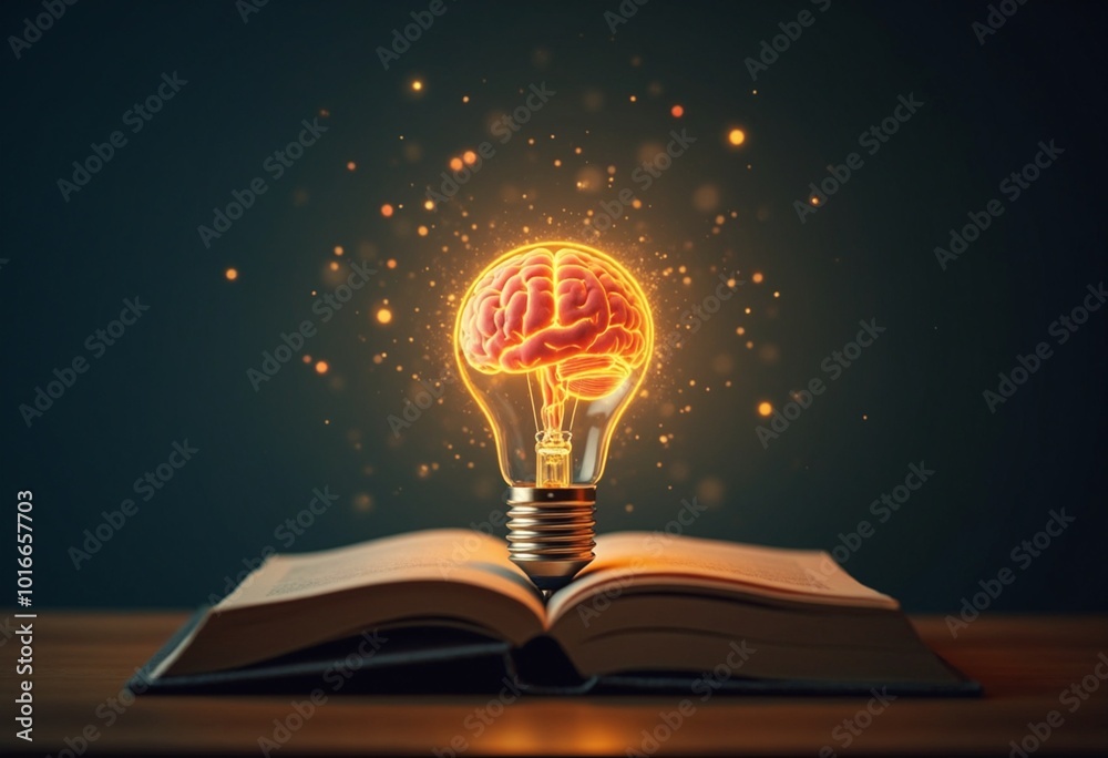 Aufkleber creative concept of a glowing brain in a light bulb, resting on a book, symbolizing inspiration and 