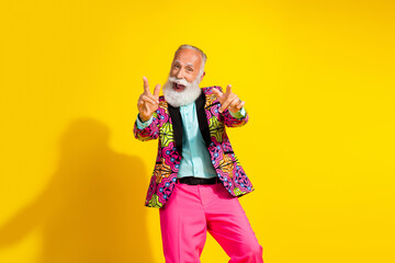 Photo of pensioner mister stretch hands point you dancing good mood wear colorful pink classy garment isolated on yellow color background