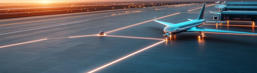 A serene sunset at an airport showcasing an airplane preparing for takeoff, with vibrant skies and reflective runways.