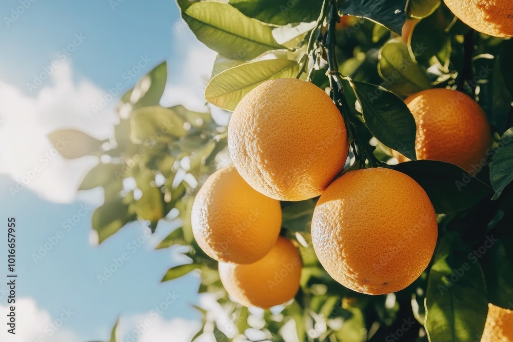 Poster a bunch of oranges hanging from a tree.