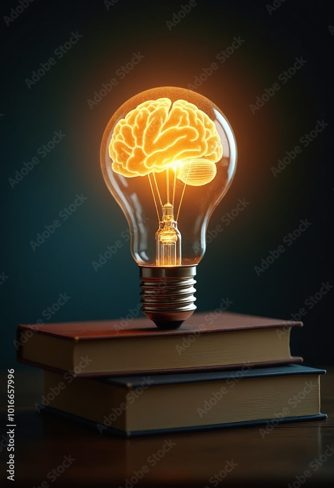Poster creative concept of a glowing brain in a light bulb, resting on a book, symbolizing inspiration and 