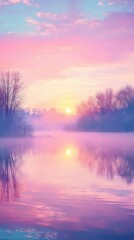 Obraz premium A serene sunrise over a misty lake, reflecting soft pastel colors in tranquil waters, capturing nature's beauty at dawn.