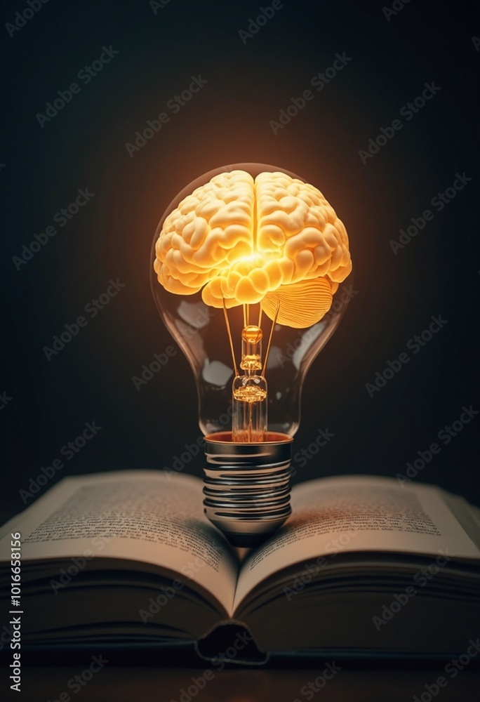 Aufkleber creative concept of a glowing brain in a light bulb, resting on a book, symbolizing inspiration and 