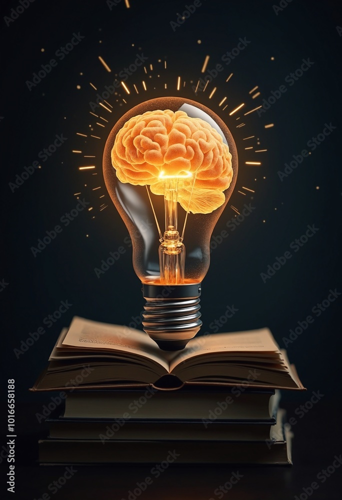 Poster creative concept of a glowing brain in a light bulb, resting on a book, symbolizing inspiration and 