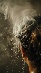 Refreshing Shower Moment - Person Rinsing Conditioner with Steam in Hair