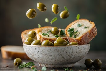 White bowl filled with bread and green olives is placed on a table. olives are scattered around the bowl, floating in air. Pouring olive oil with bread olives falling from above culinary concept