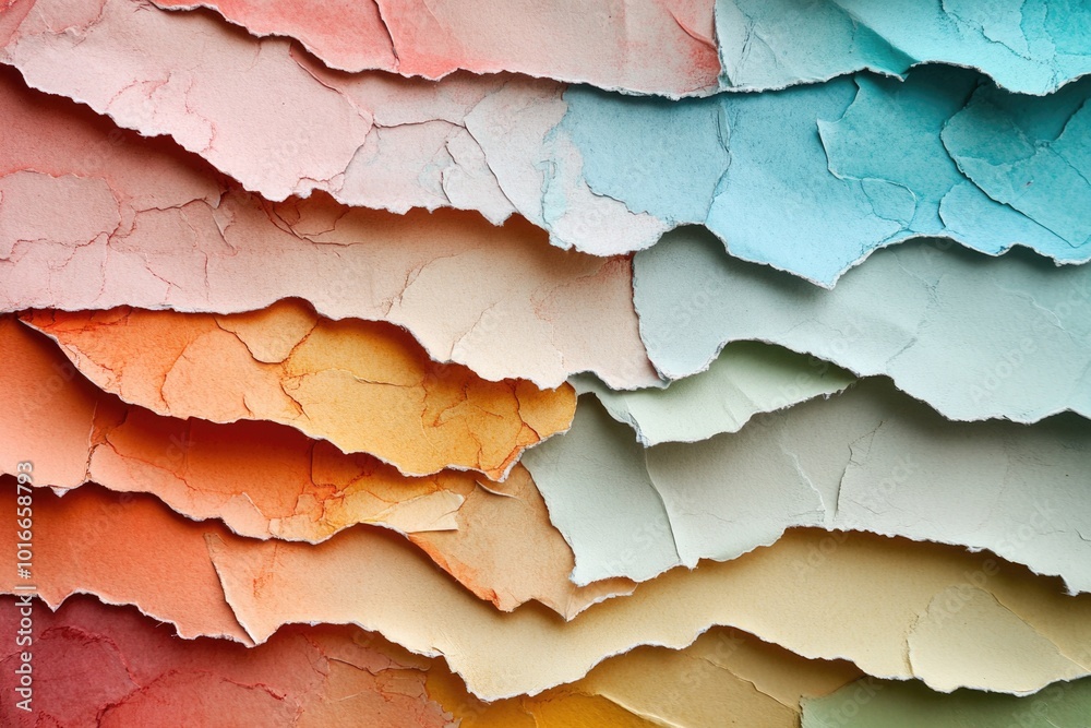 Poster A close-up shot of a multicolored wall with peeling paint, ideal for use in design or illustration projects.
