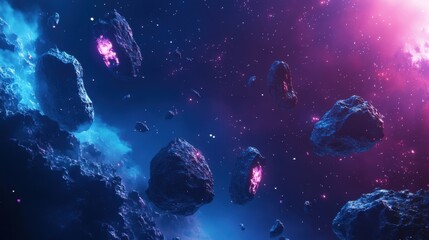 Fototapeta premium A vivid asteroid belt with glowing rocks and cosmic dust drifting through the vastness of deep space, creating a sci-fi backdrop of mystery and adventure