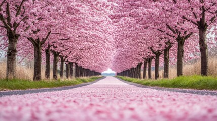 Stunning cherry blossom avenue with vibrant pink trees lining a peaceful road, creating a serene springtime landscape.