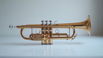 Obraz premium A golden trumpet rests on a white surface.