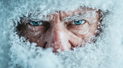 An intense close-up image shows the frosty face of a man with blazing blue eyes, his eyebrows and beard covered in ice and snow for an Arctic view.