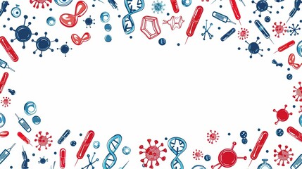 Medical and Health Frame Border Background with DNA, Virus, and Medical Equipment Icons in Red and Blue