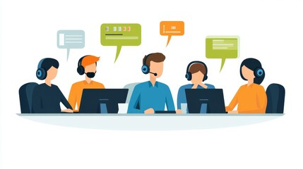 Obraz premium Team collaboration in concept of work calls and business communication. Operators at helpdesk and customer support center speaking with clients. Flat vector illustration isolated on white background.
