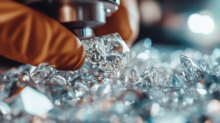 An artistic image showcasing a gloved hand carefully holding a large diamond, observed through a magnifying apparatus amidst other dazzling stones.